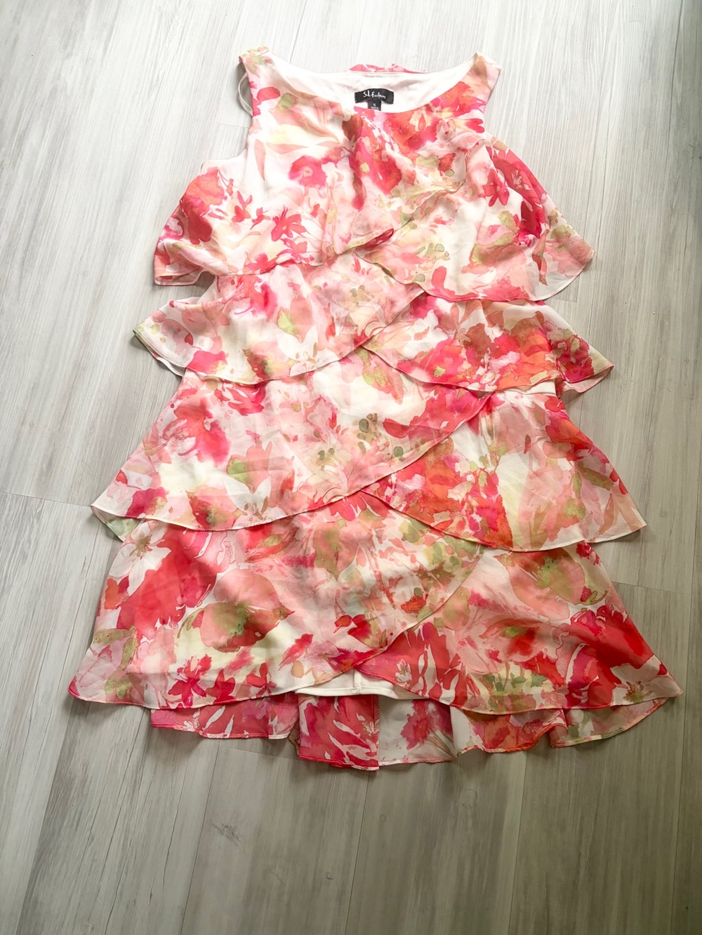 S.L. Fashions Pink and Cream Floral Tiered Chiffon Dress